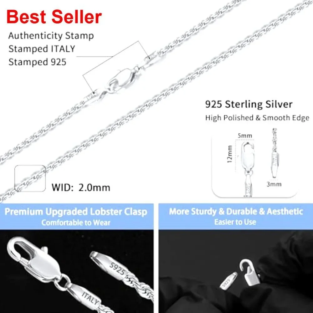 2mm Rope Chain 18k Gold Plated 925 Sterling Silver Necklace
